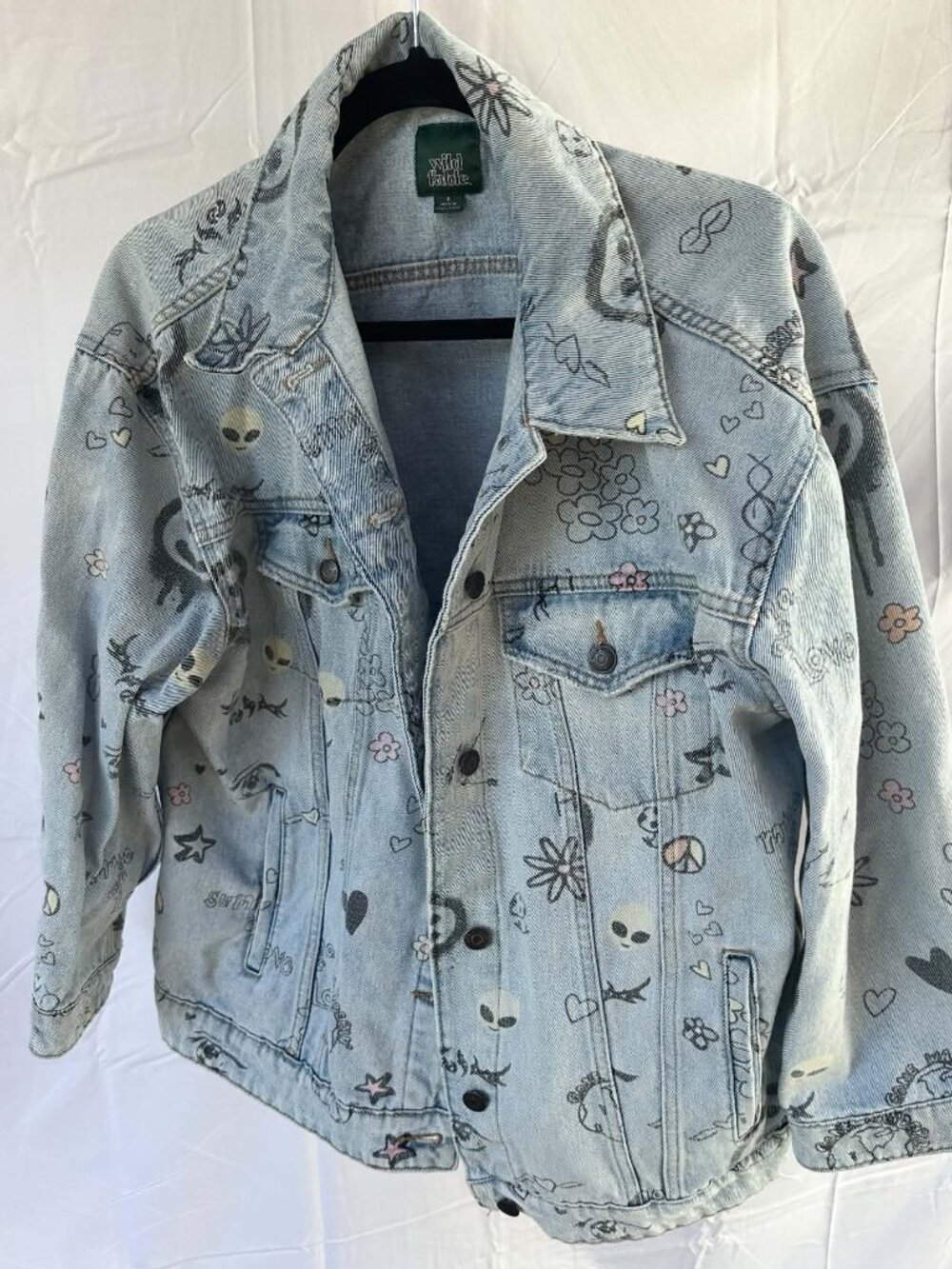 Wild Fable Oversized Denim Jacket Large Y2K Alien Smiley Doodle Print Grunge
